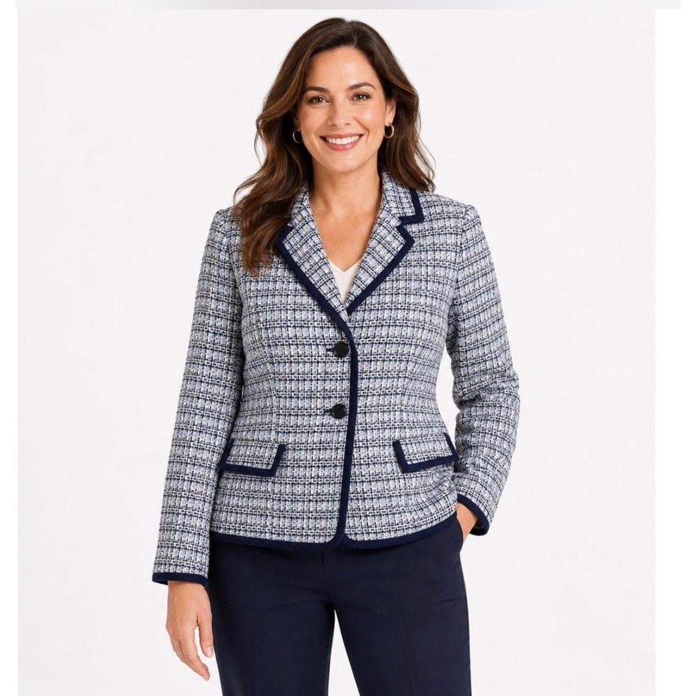 Talbots sz 6 tweed blue blazer jacket contrast trim old money twee classic